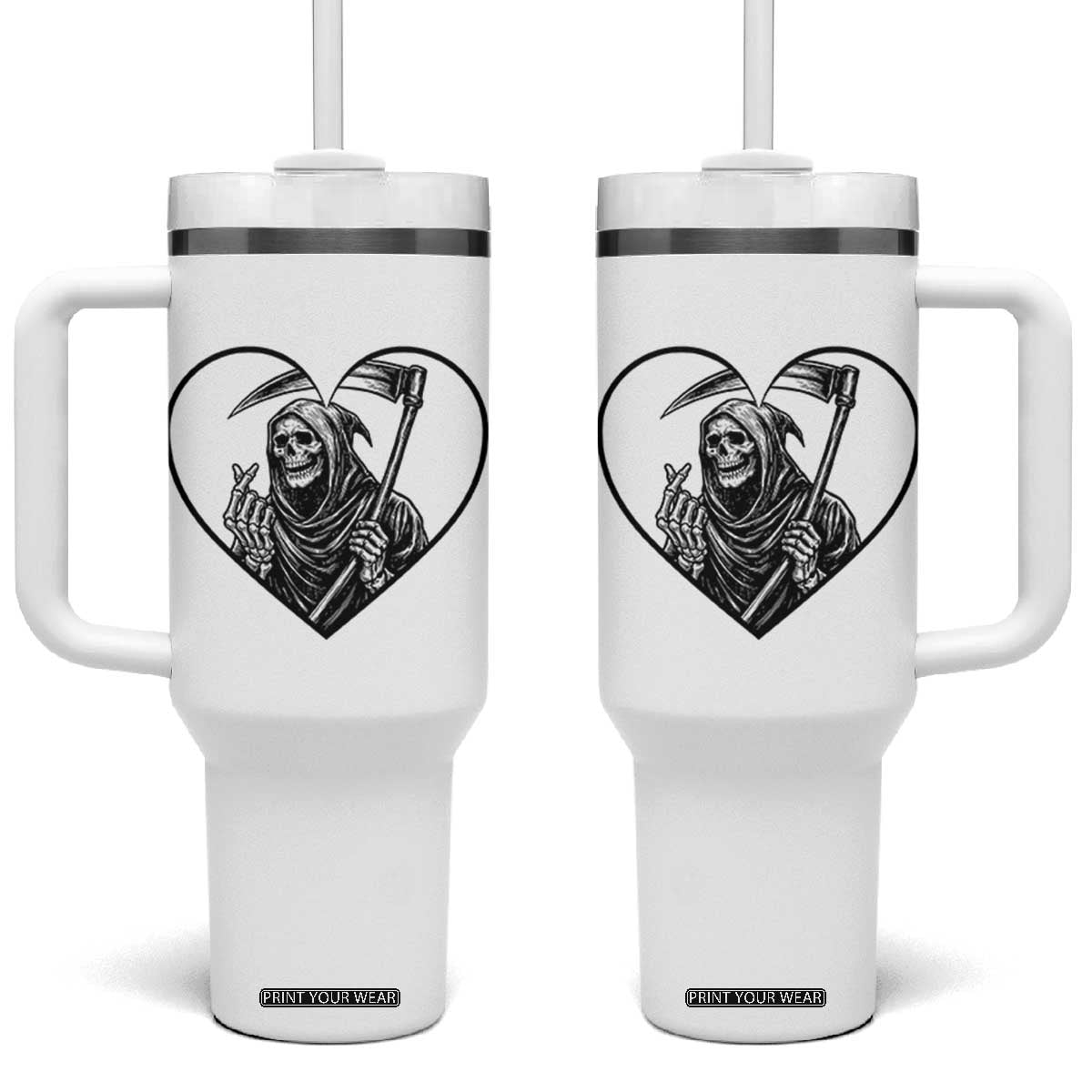 Funny Grim Reaper Heart Hands Tumbler With Handle Spooky Halloween Gothic