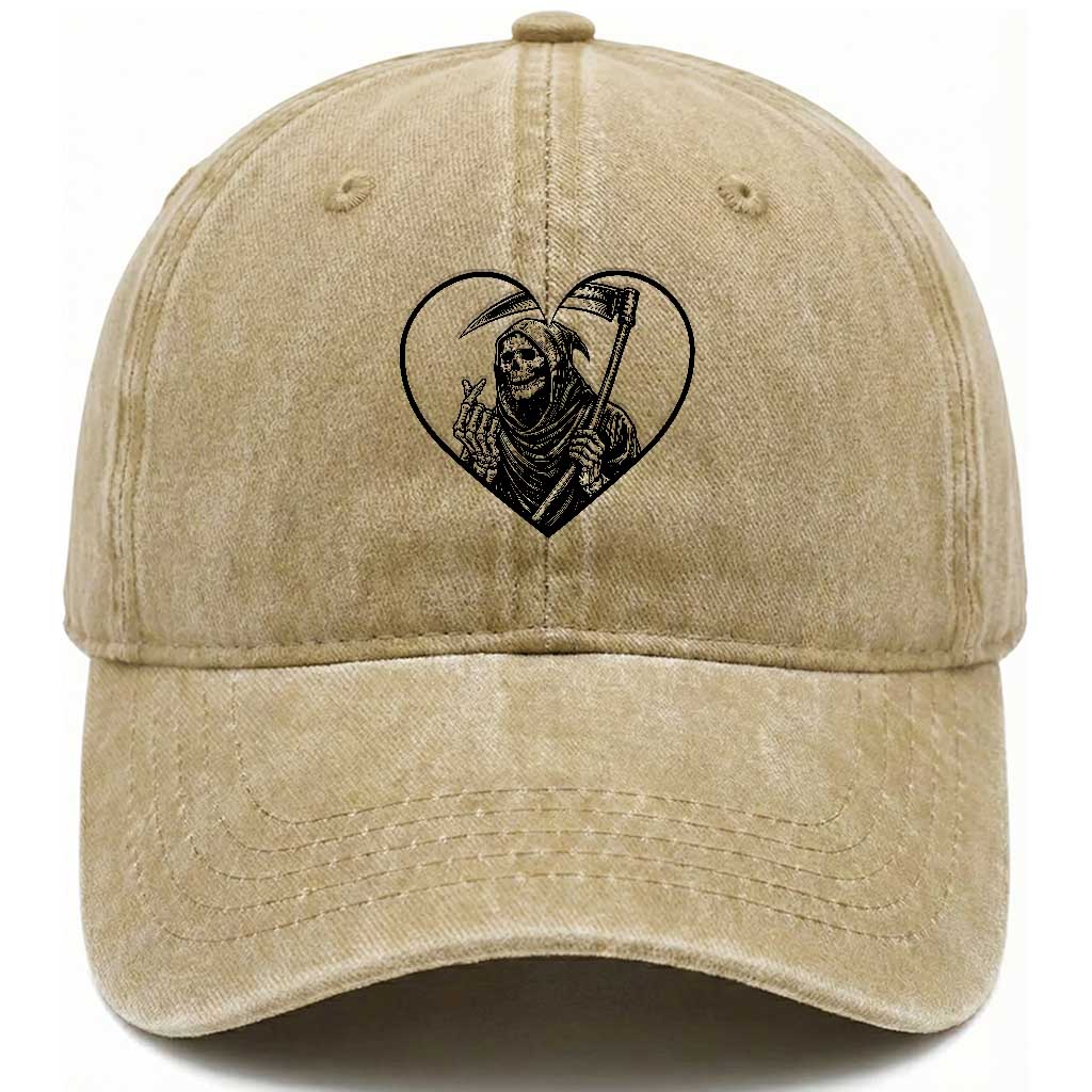 Funny Grim Reaper Heart Hands Washed Cotton Baseball Cap Spooky Halloween Gothic