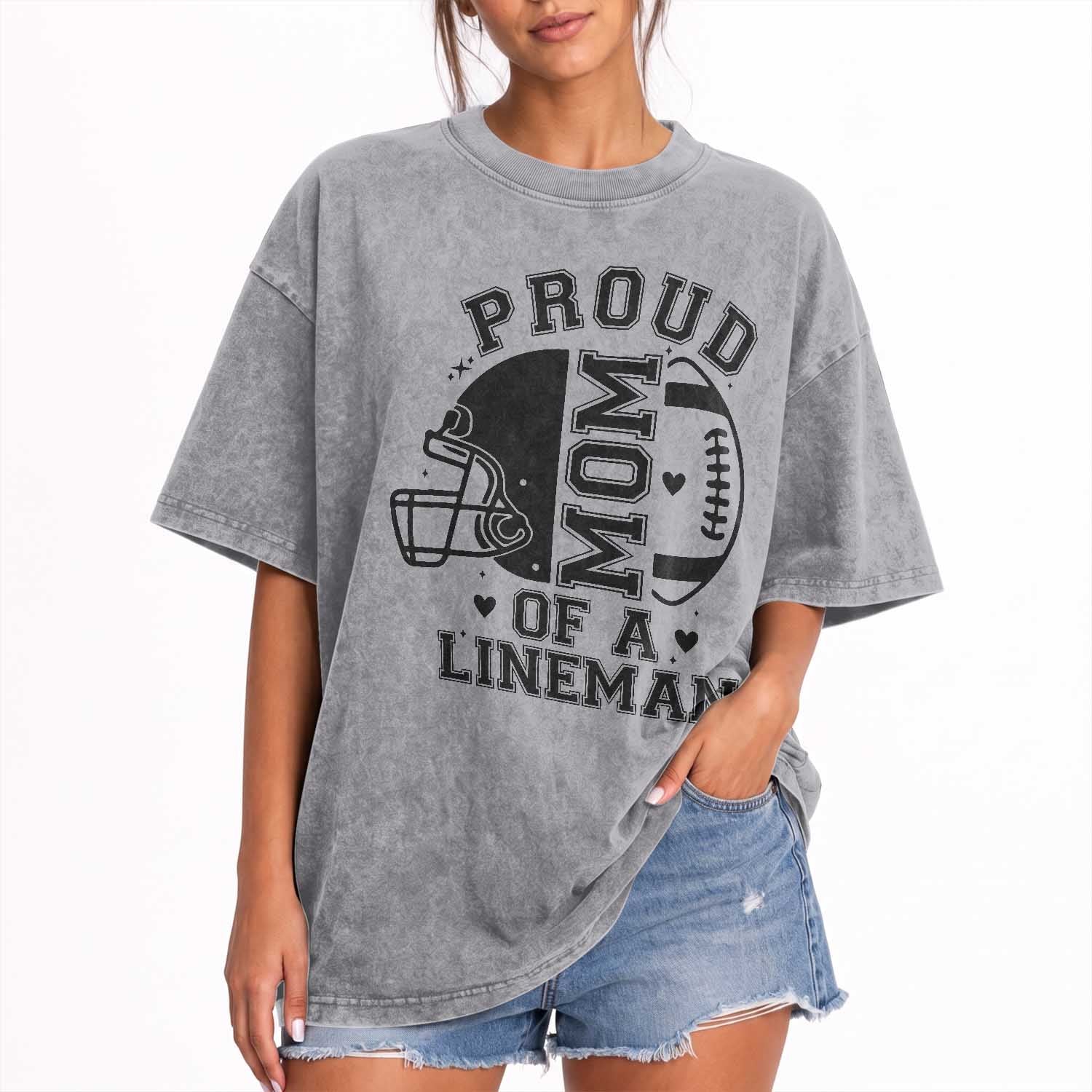 Proud Mom Of A Lineman Washed Cotton T-Shirt Football Fan Gift For Women