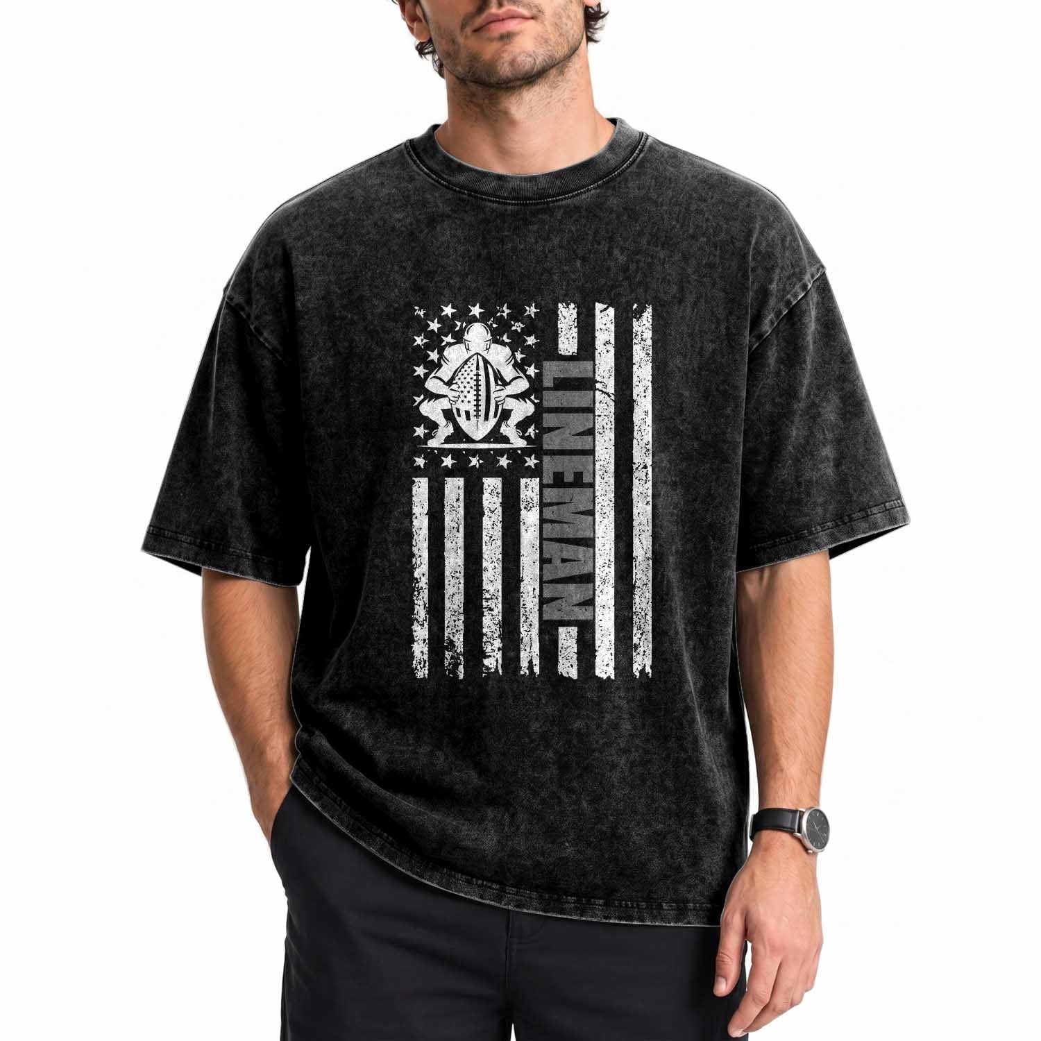 Proud Football Lineman Washed Cotton T-Shirt American Flag Sports Gift