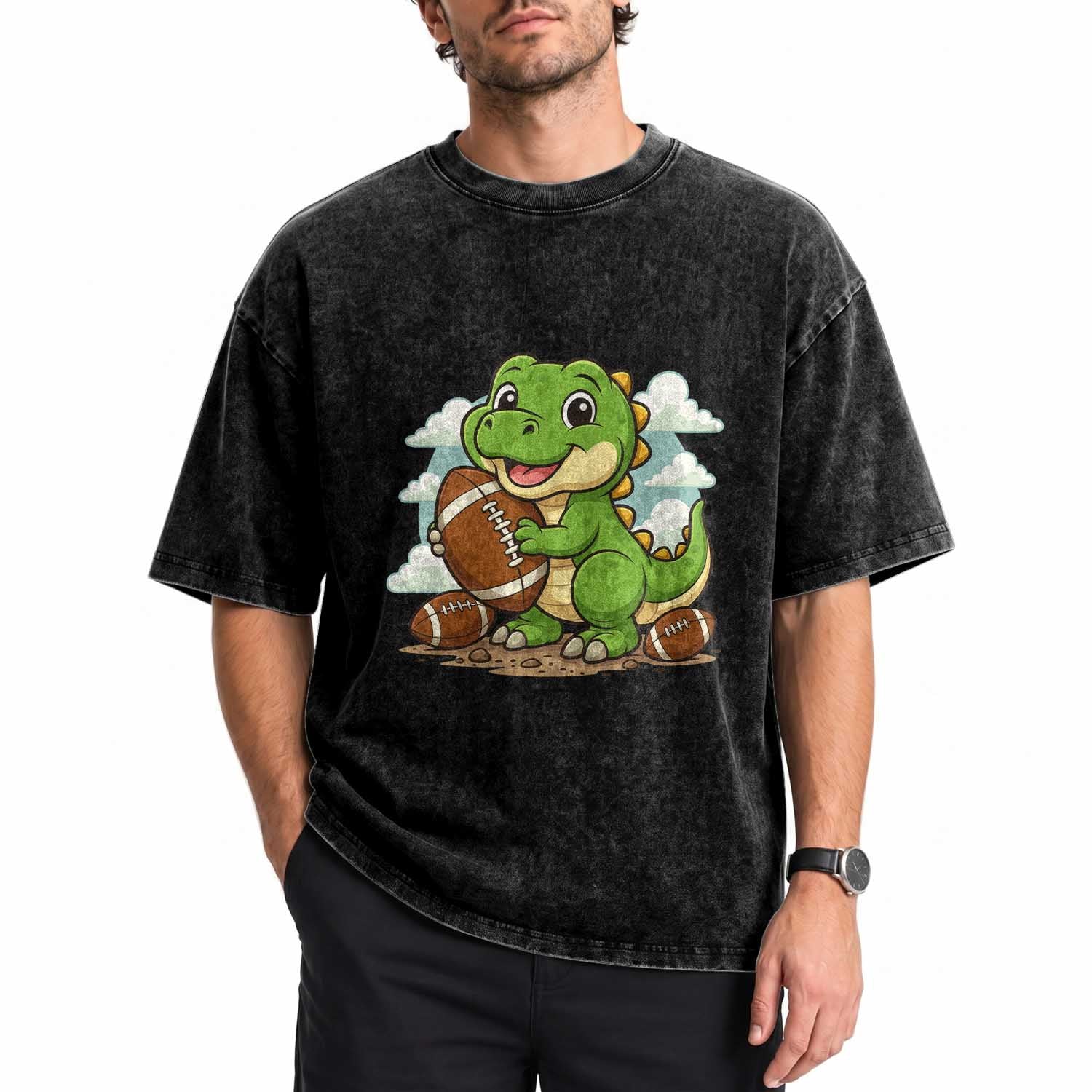 Cute Dinosaur Playing Football Washed Cotton T-Shirt Funny Kids Gift