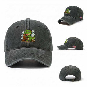 Cute Dinosaur Playing Football Washed Cotton Baseball Cap Funny Kids Gift TS12 Washed Cap Universal Fit Dark Green Print Your Wear