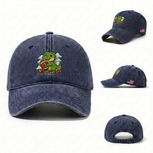 Cute Dinosaur Playing Football Washed Cotton Baseball Cap Funny Kids Gift TS12 Washed Cap Universal Fit Navy Print Your Wear