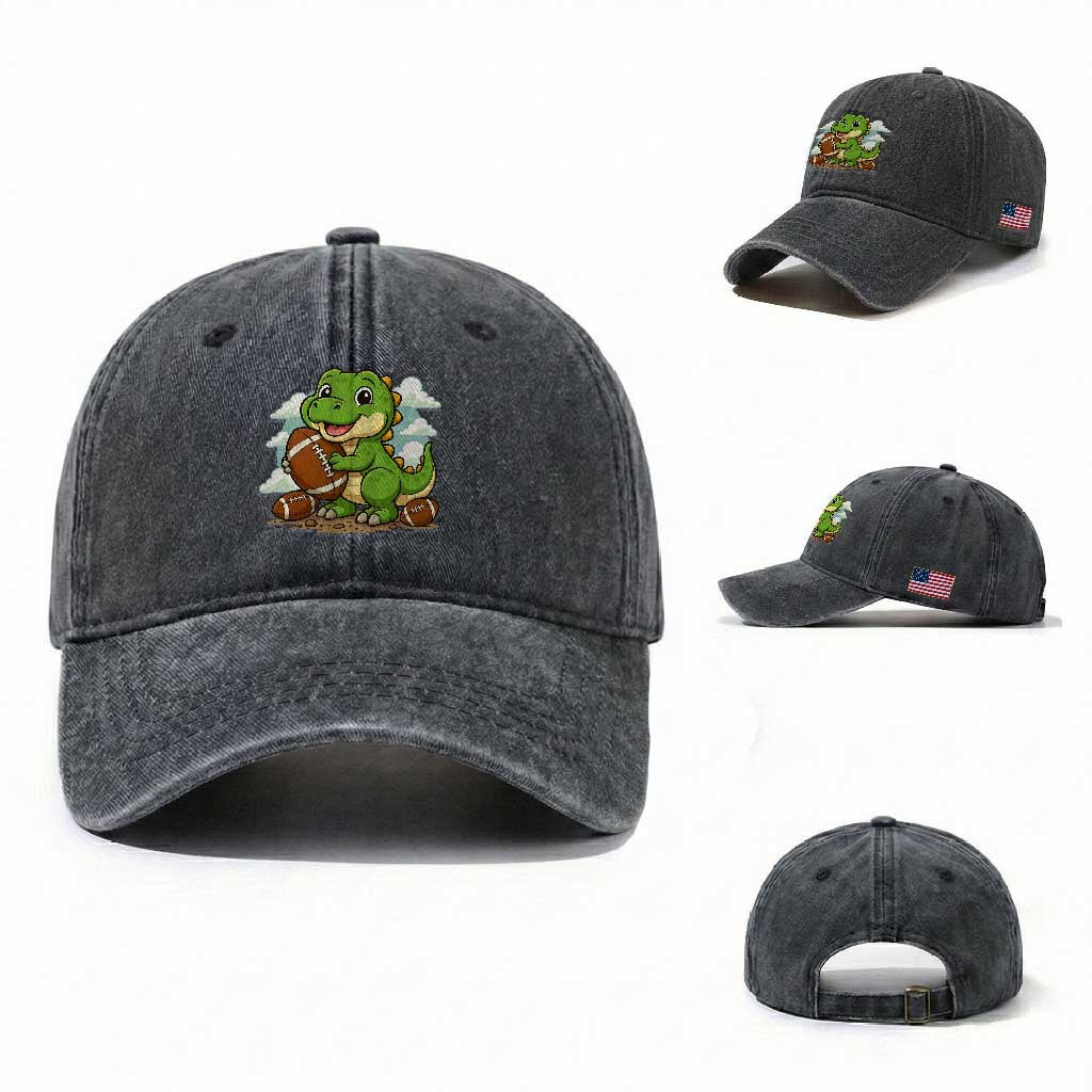 Cute Dinosaur Playing Football Washed Cotton Baseball Cap Funny Kids Gift TS12 Washed Cap Universal Fit Dark Gray Print Your Wear