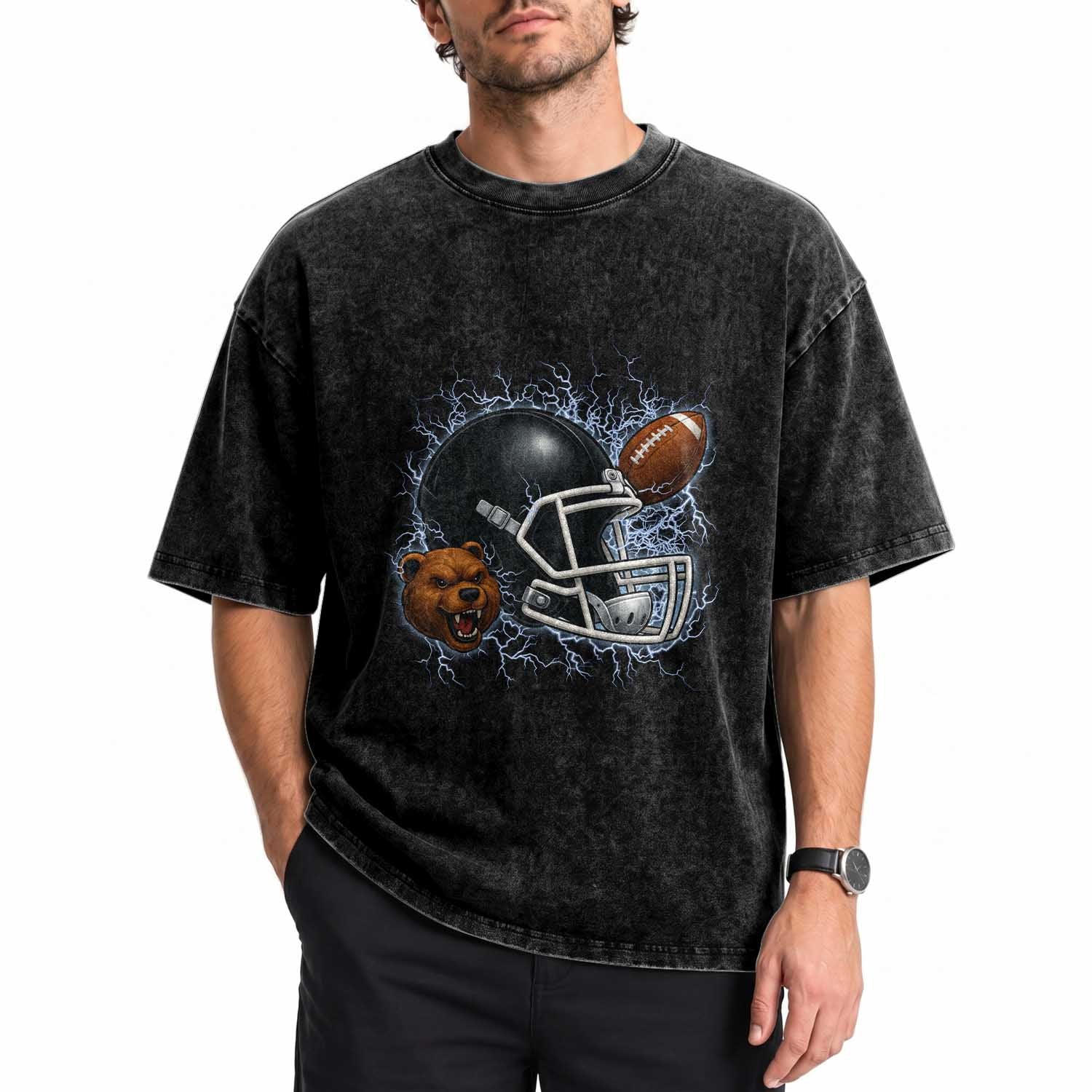 Game Day Sports Fan Gift Washed Cotton T-Shirt Lightning Bear Helmet