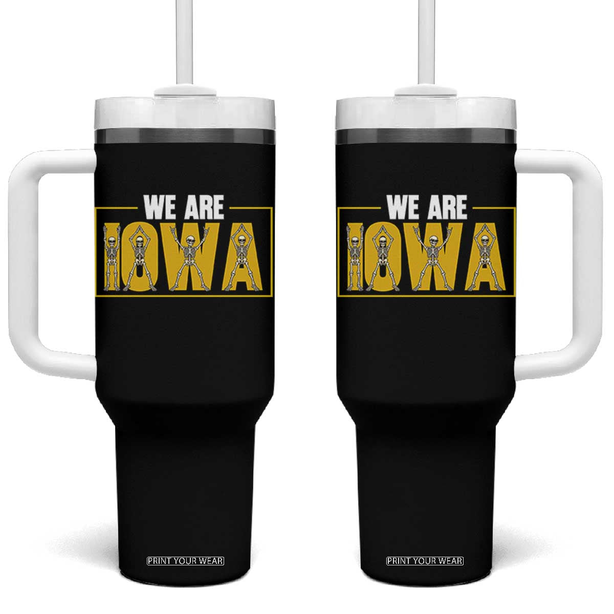 Funny Iowa State Pride Tumbler With Handle Halloween Dancing Skeletons