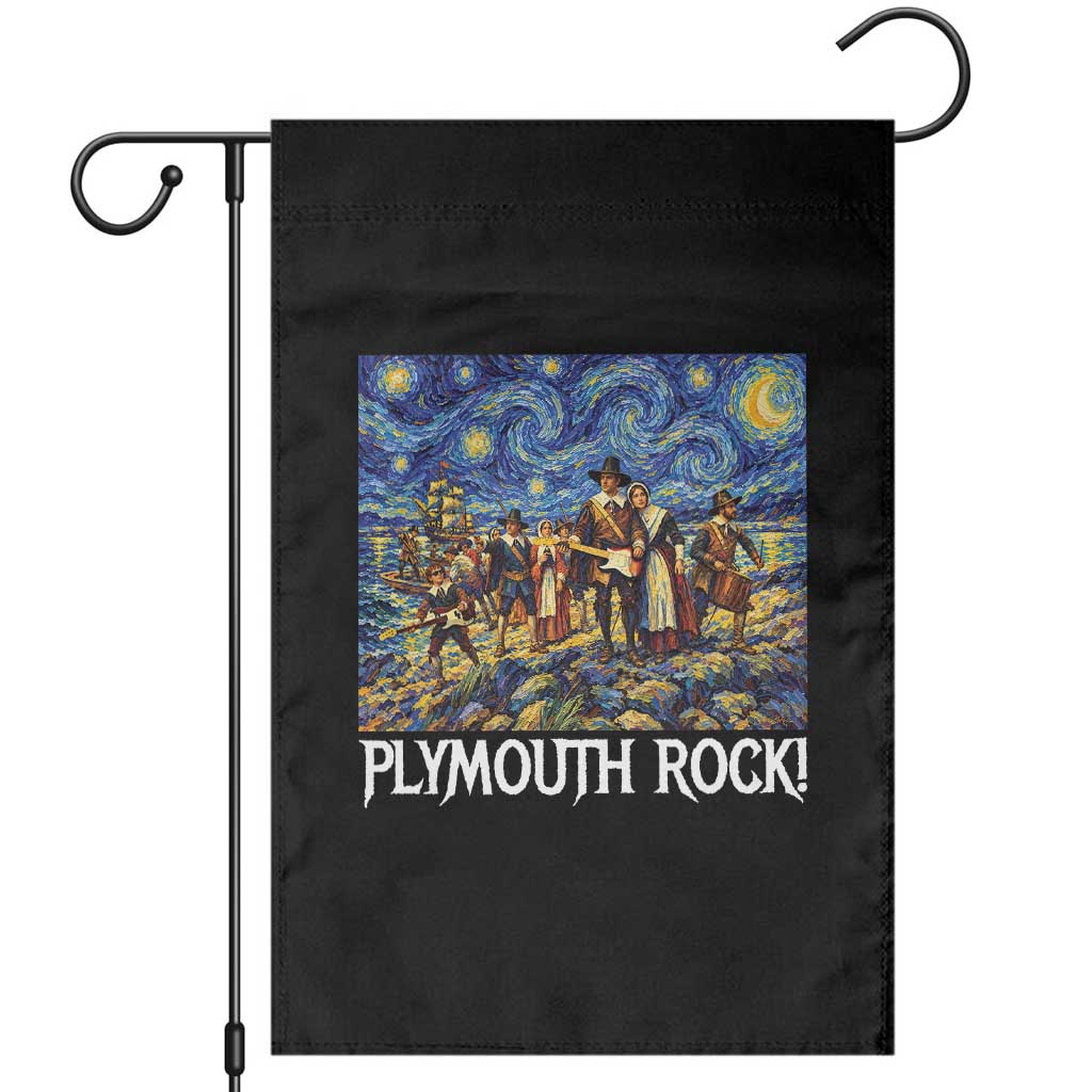 Funny Thanksgiving Plymouth Rock Garden Flag Pilgrims Playing Electric Guitar Starry Night Inspired