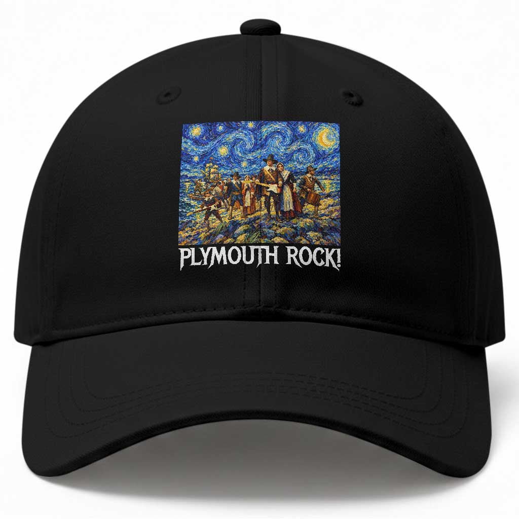 Funny Thanksgiving Plymouth Rock Baseball Cap Pilgrims Playing Electric Guitar Starry Night Inspired