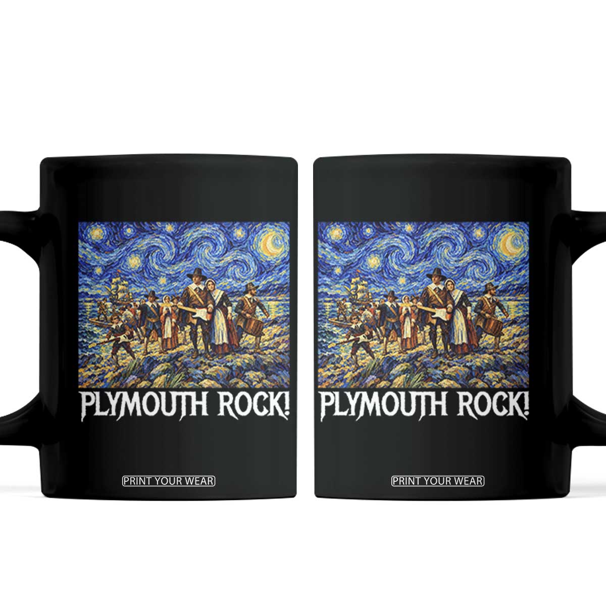 Funny Thanksgiving Plymouth Rock Coffee Mug Pilgrims Playing Electric Guitar Starry Night Inspired