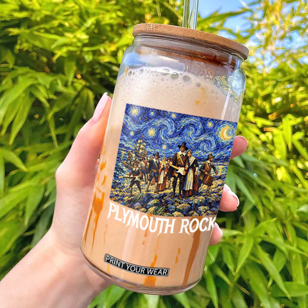 Funny Thanksgiving Plymouth Rock Glass Can Pilgrims Playing Electric Guitar Starry Night Inspired