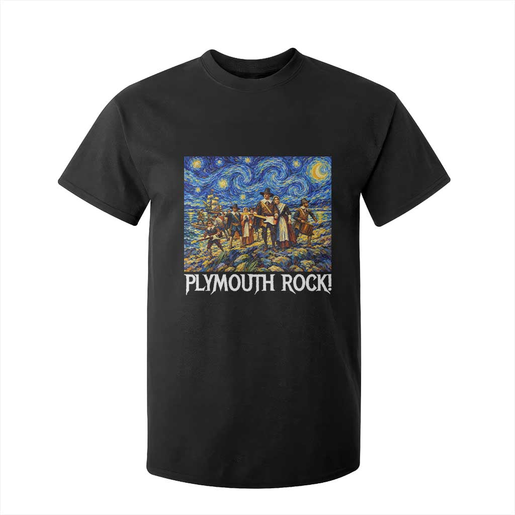Funny Thanksgiving Plymouth Rock T Shirt For Kid Pilgrims Playing Electric Guitar Starry Night Inspired