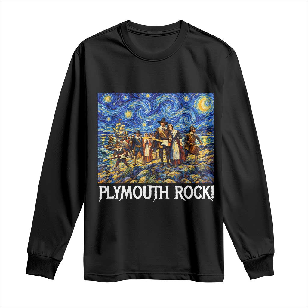 Funny Thanksgiving Plymouth Rock Long Sleeve Shirt Pilgrims Playing Electric Guitar Starry Night Inspired