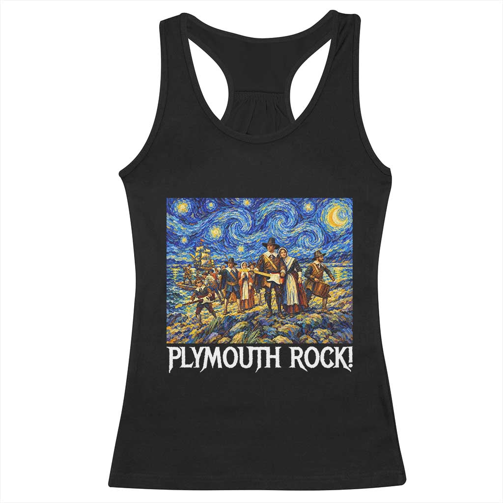 Funny Thanksgiving Plymouth Rock Racerback Tank Top Pilgrims Playing Electric Guitar Starry Night Inspired