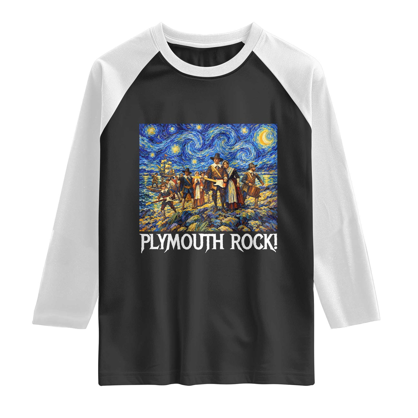 Funny Thanksgiving Plymouth Rock Raglan Shirt Pilgrims Playing Electric Guitar Starry Night Inspired