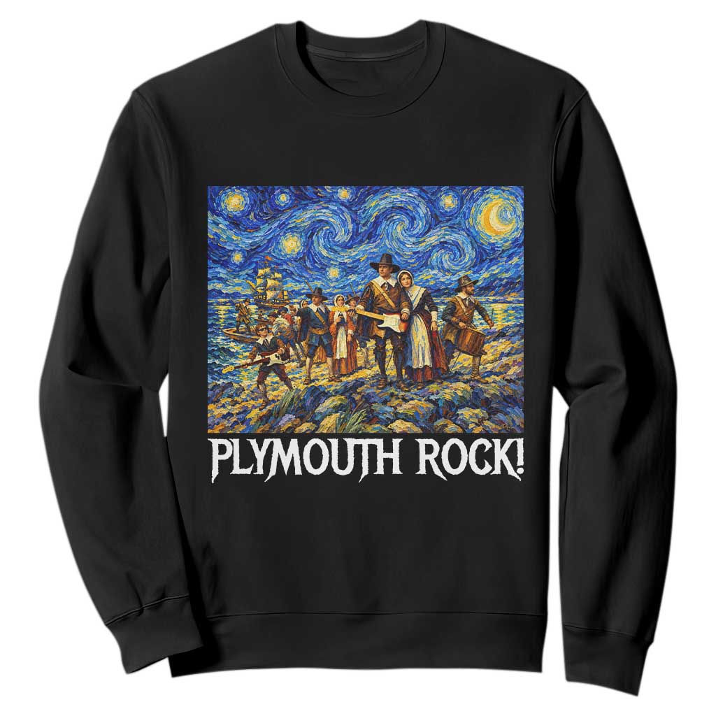 Funny Thanksgiving Plymouth Rock Sweatshirt Pilgrims Playing Electric Guitar Starry Night Inspired