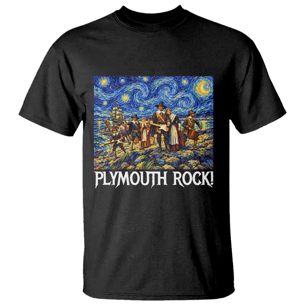 Funny Thanksgiving Plymouth Rock T Shirt Pilgrims Playing Electric Guitar Starry Night Inspired