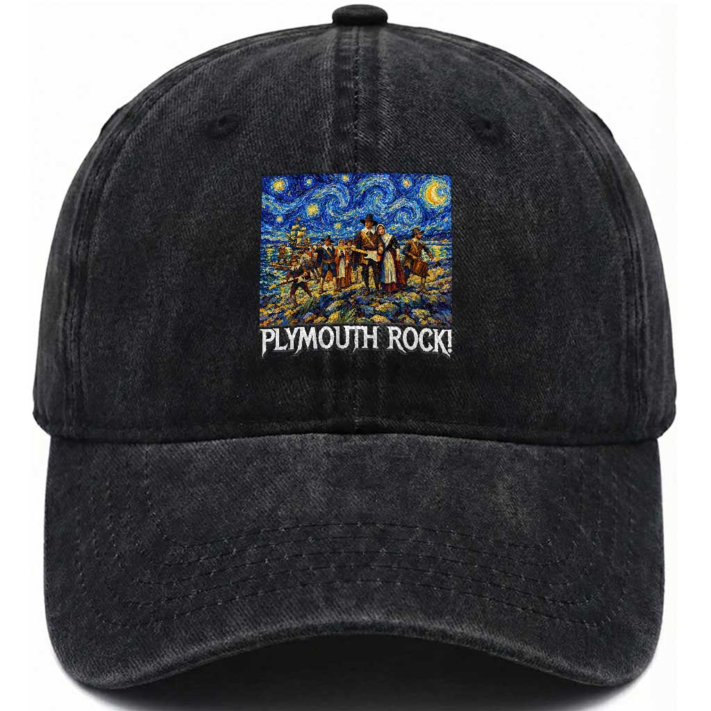 Funny Thanksgiving Plymouth Rock Washed Cotton Baseball Cap Pilgrims Playing Electric Guitar Starry Night Inspired