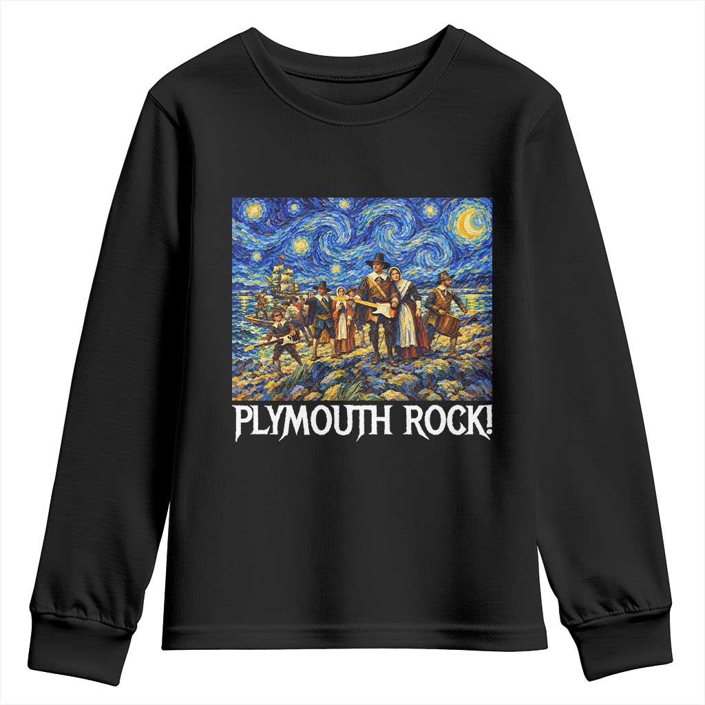 Funny Thanksgiving Plymouth Rock Youth Sweatshirt Pilgrims Playing Electric Guitar Starry Night Inspired