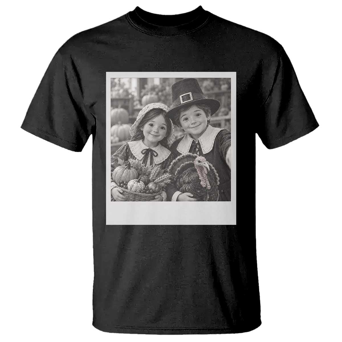 Cute Pilgrim Kids Thanksgiving T Shirt Selfie Autumn Harvest Turkey Photo