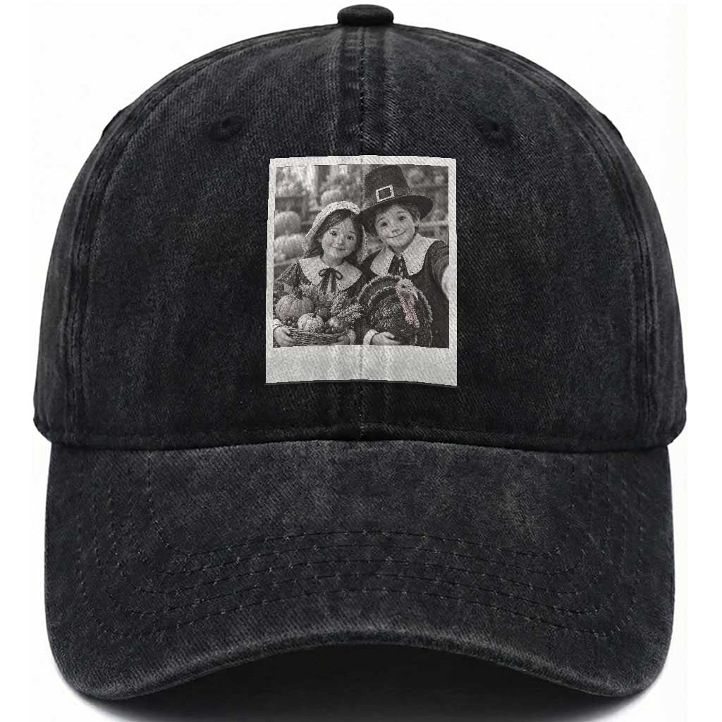 Cute Pilgrim Kids Thanksgiving Washed Cotton Baseball Cap Selfie Autumn Harvest Turkey Photo