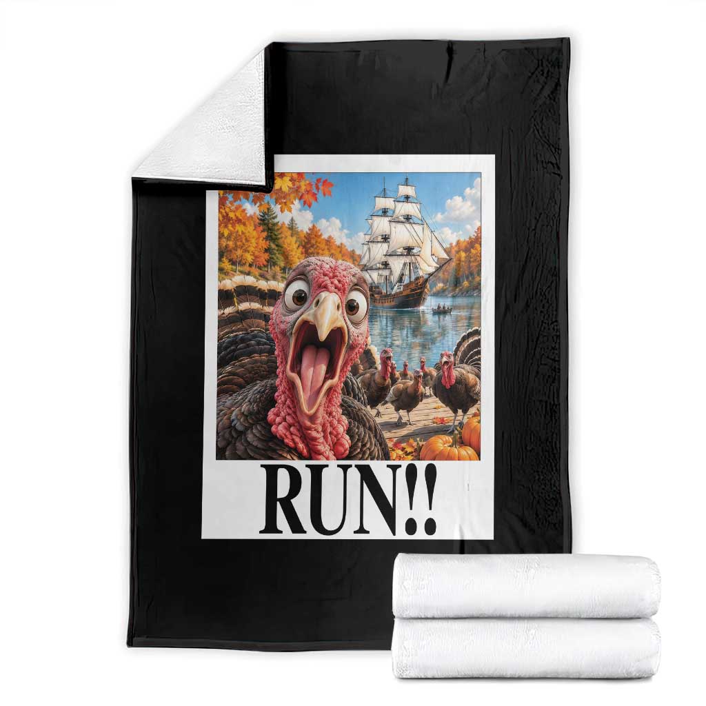 Funny Thanksgiving Turkeys Throw Blanket Running From Mayflower Pilgrims Holiday Humor