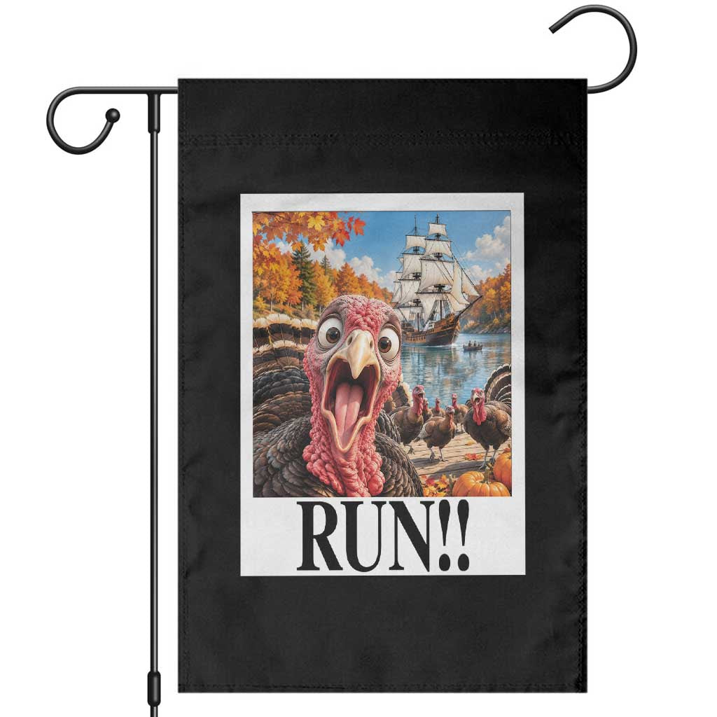 Funny Thanksgiving Turkeys Garden Flag Running From Mayflower Pilgrims Holiday Humor