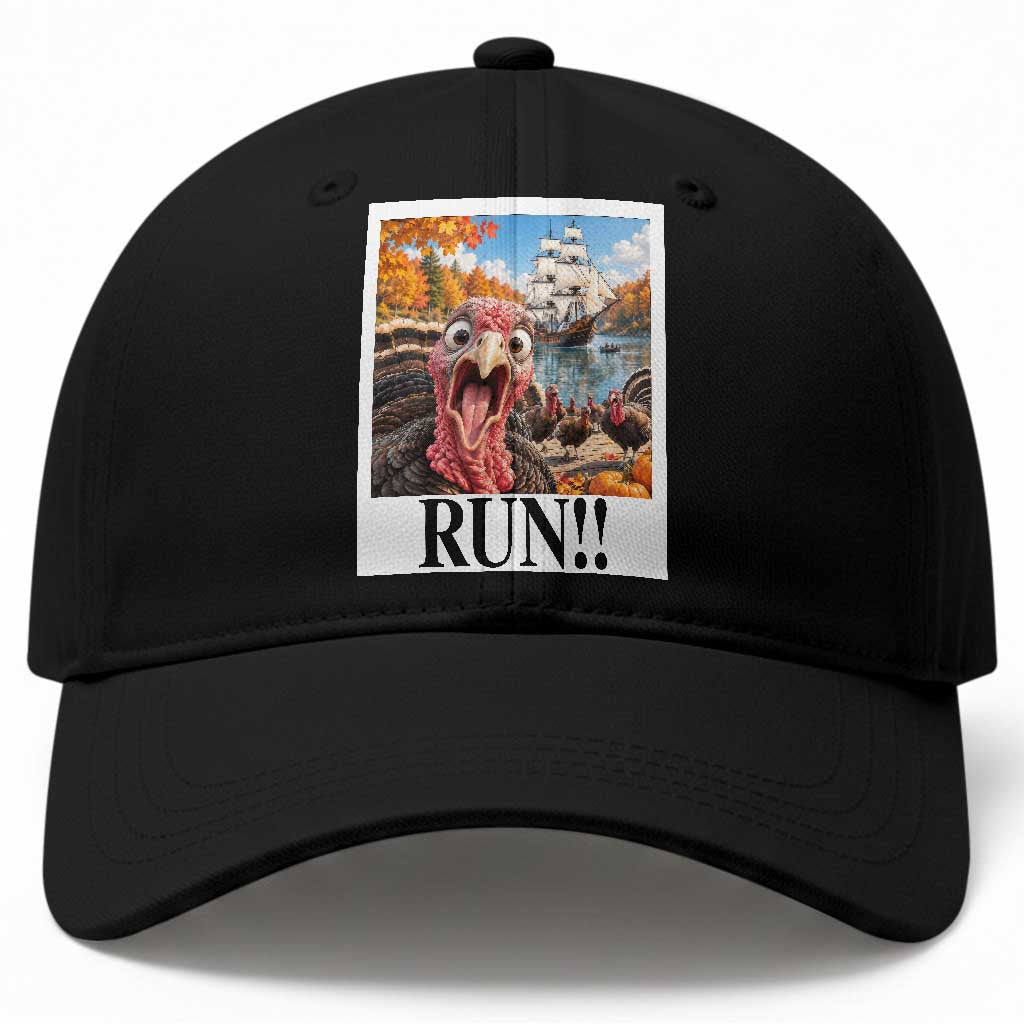 Funny Thanksgiving Turkeys Baseball Cap Running From Mayflower Pilgrims Holiday Humor