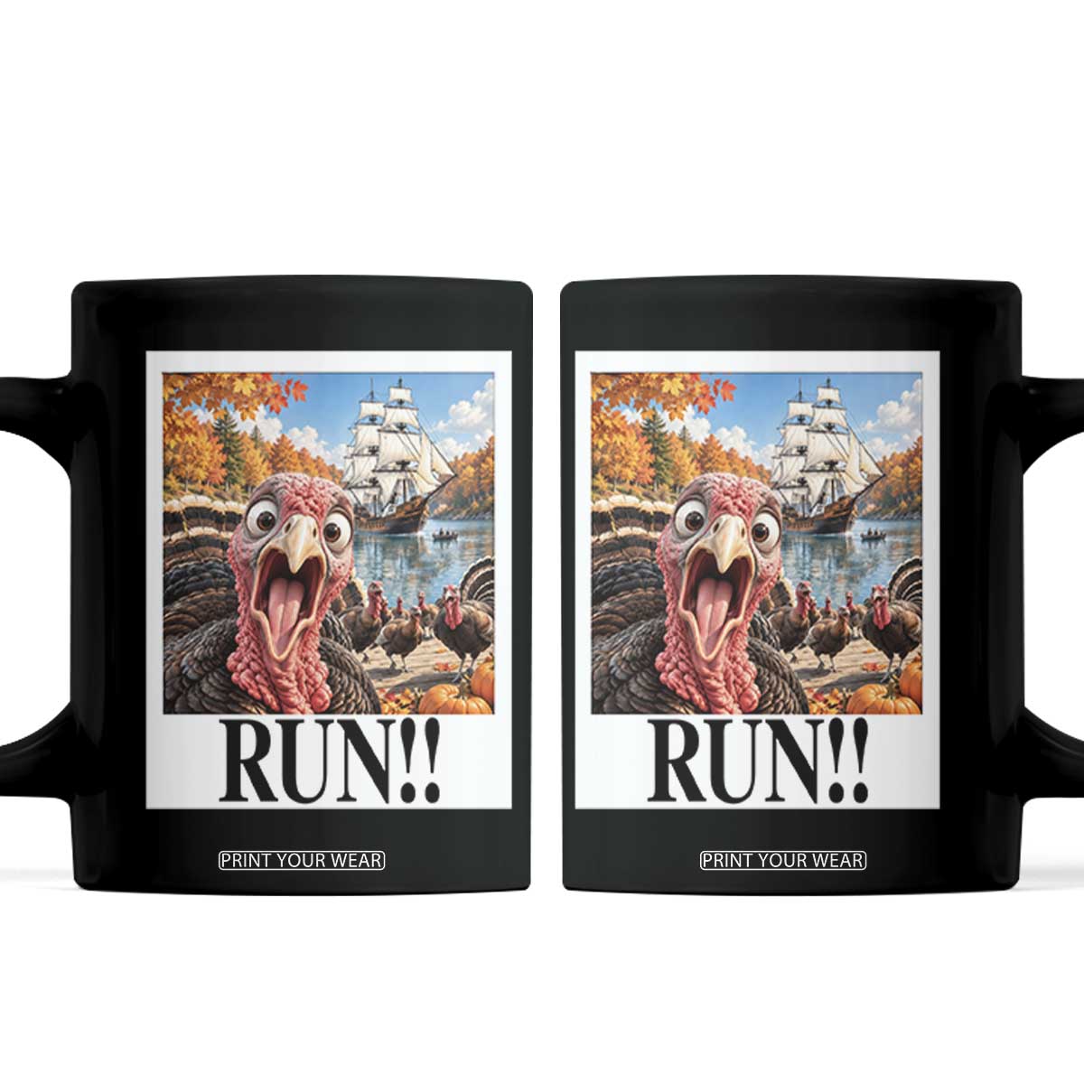 Funny Thanksgiving Turkeys Coffee Mug Running From Mayflower Pilgrims Holiday Humor