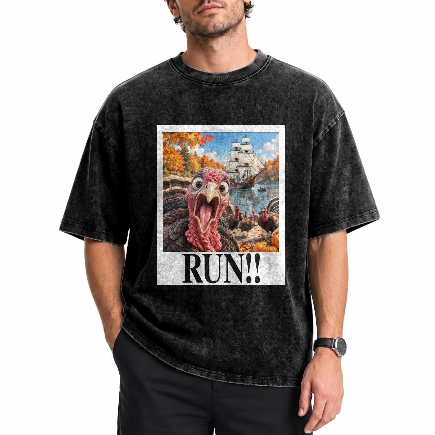 Funny Thanksgiving Turkeys Washed Cotton T-Shirt Running From Mayflower Pilgrims Holiday Humor