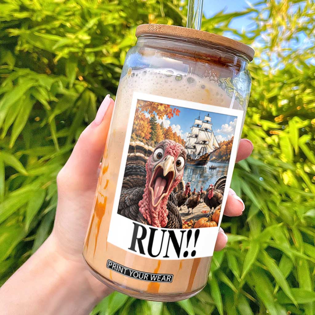 Funny Thanksgiving Turkeys Glass Can Running From Mayflower Pilgrims Holiday Humor