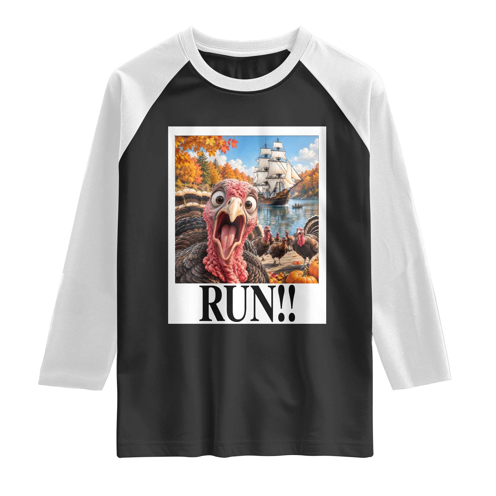 Funny Thanksgiving Turkeys Raglan Shirt Running From Mayflower Pilgrims Holiday Humor