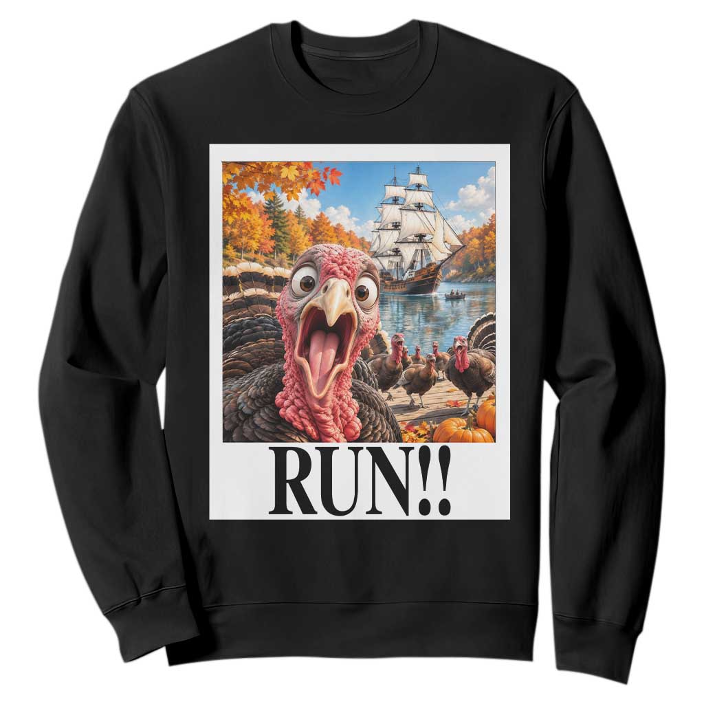 Funny Thanksgiving Turkeys Sweatshirt Running From Mayflower Pilgrims Holiday Humor