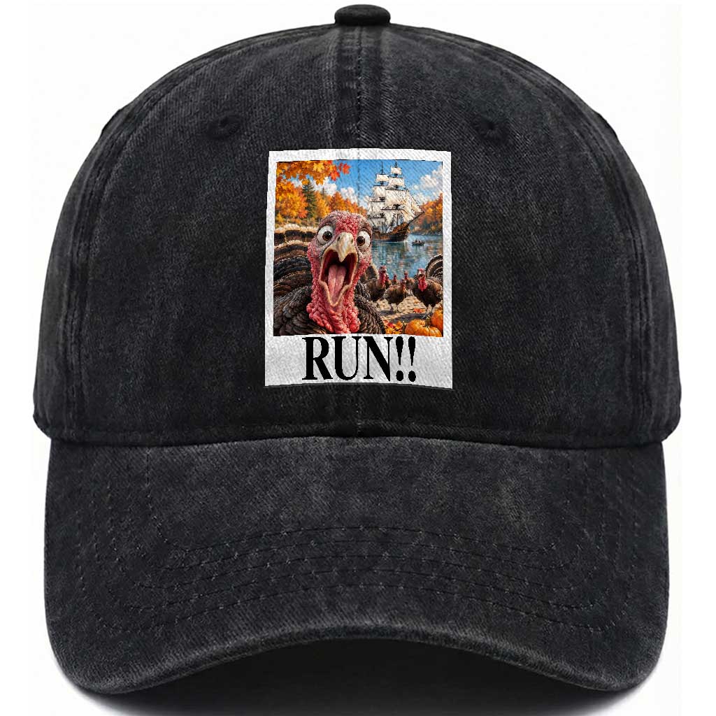 Funny Thanksgiving Turkeys Washed Cotton Baseball Cap Running From Mayflower Pilgrims Holiday Humor