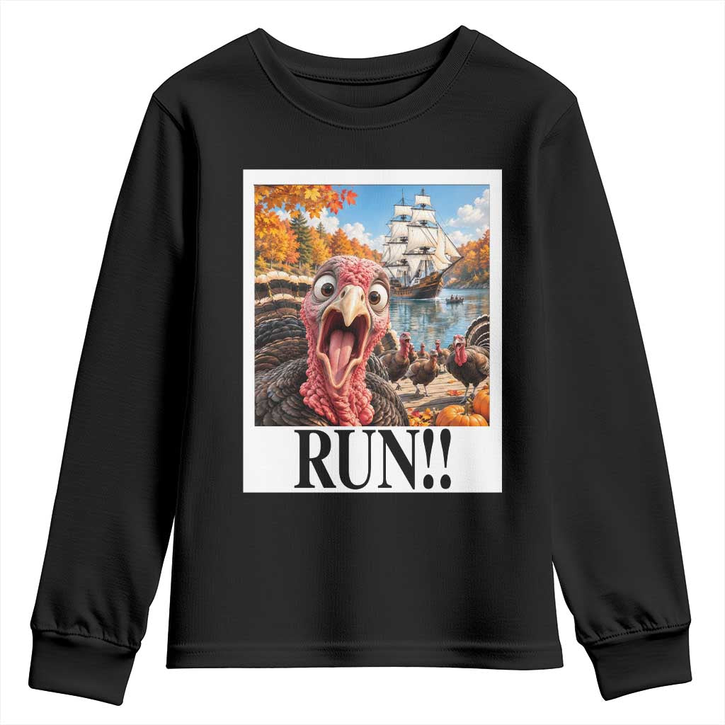 Funny Thanksgiving Turkeys Youth Sweatshirt Running From Mayflower Pilgrims Holiday Humor