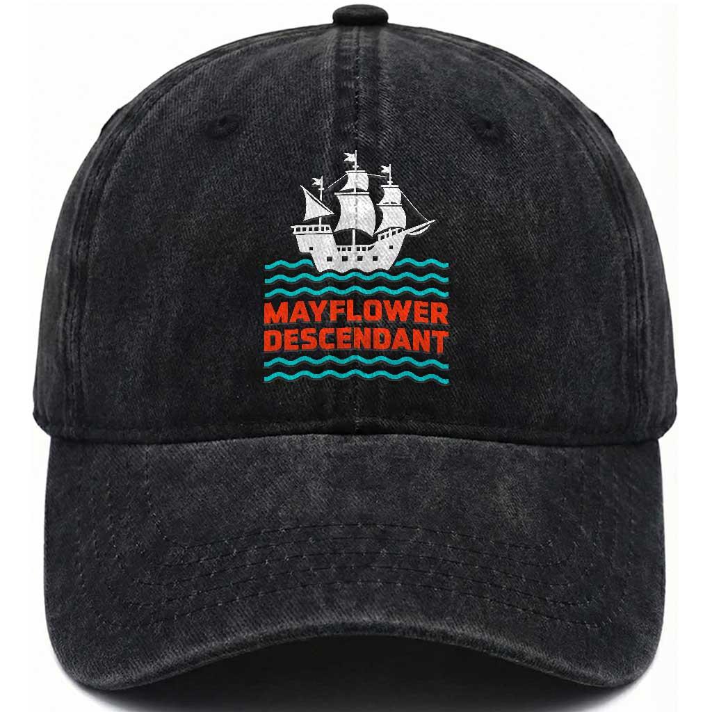 Mayflower Descendant History Washed Cotton Baseball Cap 1620 Pilgrim Ship Heritage Pride Graphic