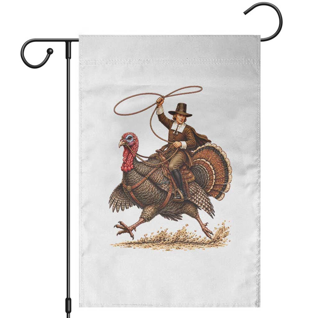 Funny Pilgrim Turkey Rider Garden Flag Thanksgiving Cowboy Rodeo Graphic