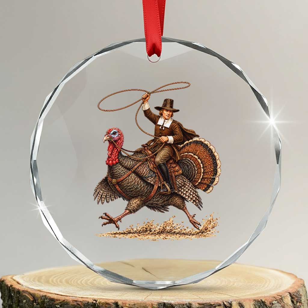 Funny Pilgrim Turkey Rider Crystal Glass Ornament Thanksgiving Cowboy Rodeo Graphic