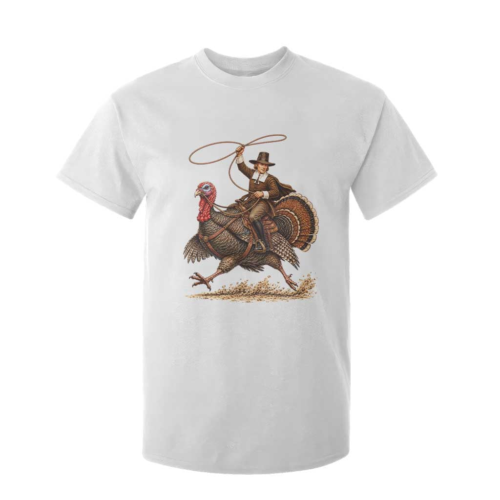 Funny Pilgrim Turkey Rider T Shirt For Kid Thanksgiving Cowboy Rodeo Graphic