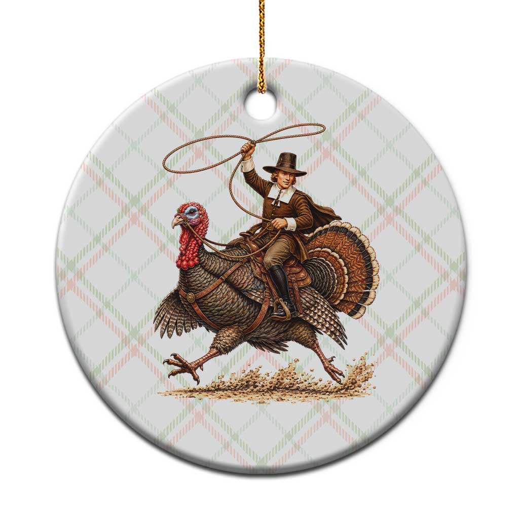 Funny Pilgrim Turkey Rider Ceramic Ornament Thanksgiving Cowboy Rodeo Graphic