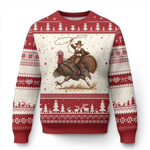 Funny Pilgrim Turkey Rider Ugly Christmas Sweater Thanksgiving Cowboy Rodeo Graphic