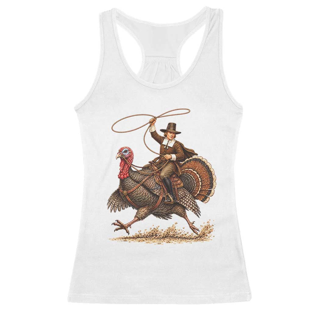 Funny Pilgrim Turkey Rider Racerback Tank Top Thanksgiving Cowboy Rodeo Graphic