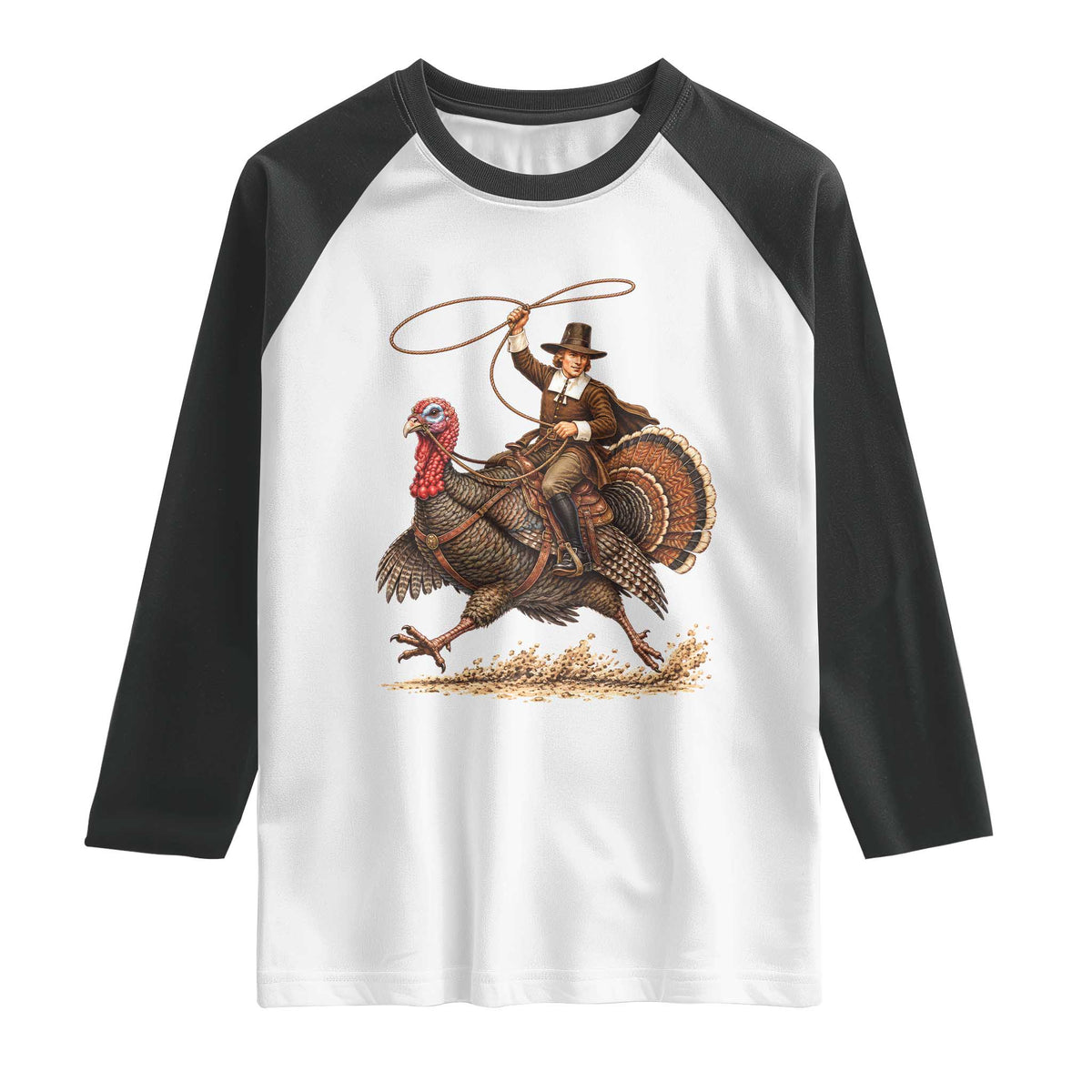 Funny Pilgrim Turkey Rider Raglan Shirt Thanksgiving Cowboy Rodeo Graphic