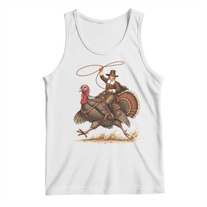 Funny Pilgrim Turkey Rider Tank Top Thanksgiving Cowboy Rodeo Graphic