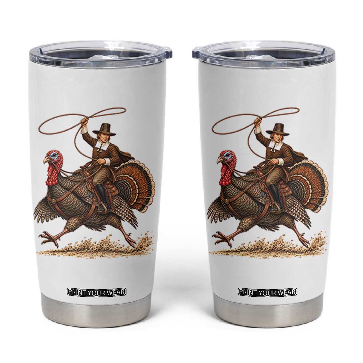 Funny Pilgrim Turkey Rider Tumbler Cup Thanksgiving Cowboy Rodeo Graphic