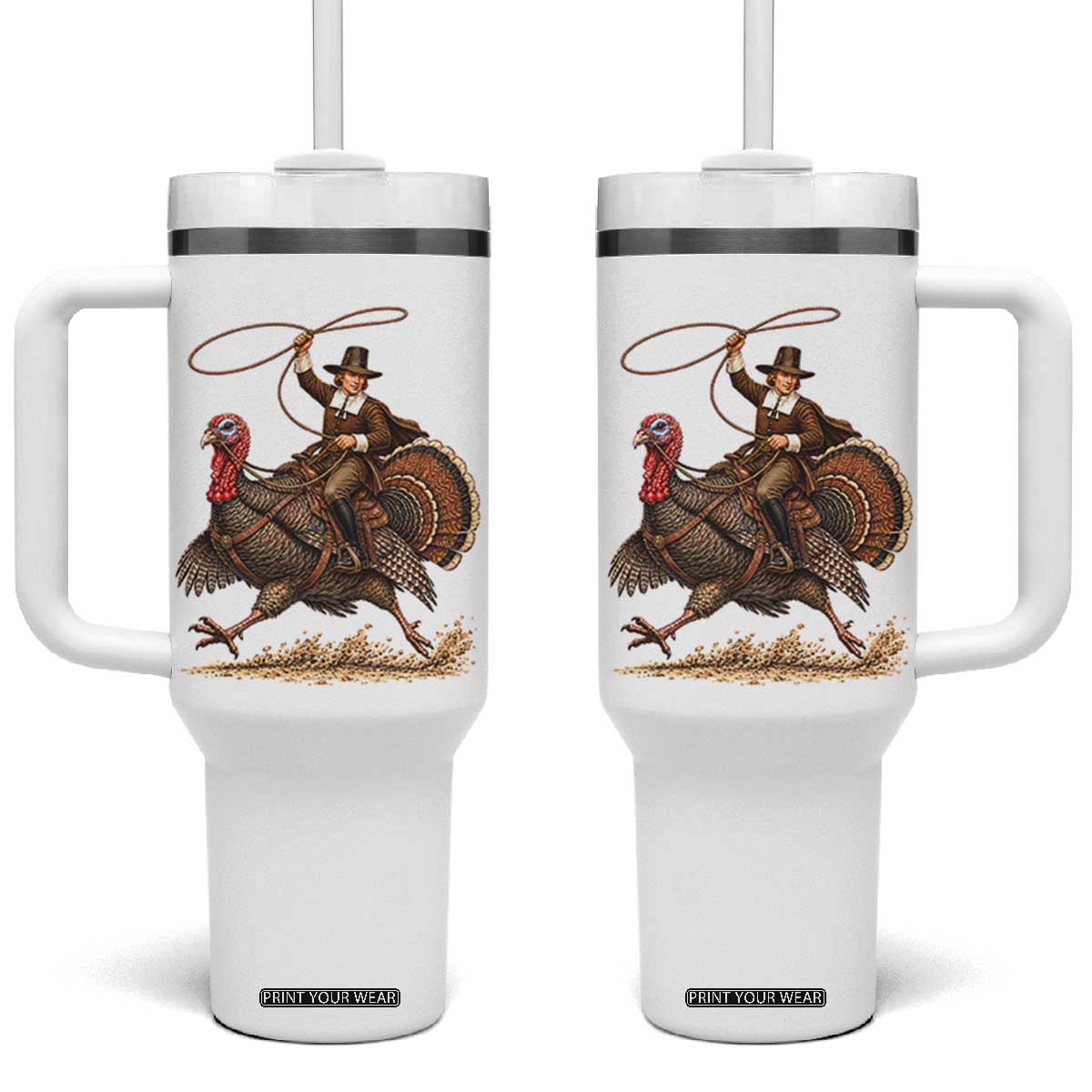 Funny Pilgrim Turkey Rider Tumbler With Handle Thanksgiving Cowboy Rodeo Graphic