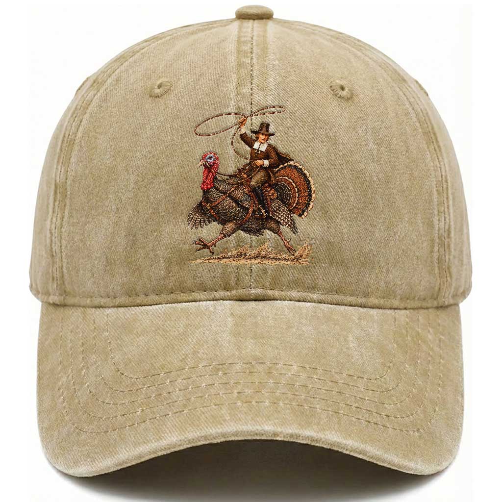 Funny Pilgrim Turkey Rider Washed Cotton Baseball Cap Thanksgiving Cowboy Rodeo Graphic