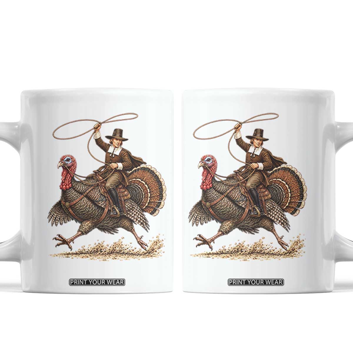Funny Pilgrim Turkey Rider Coffee Mug Thanksgiving Cowboy Rodeo Graphic