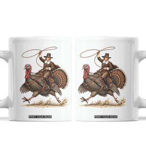Funny Pilgrim Turkey Rider Coffee Mug Thanksgiving Cowboy Rodeo Graphic