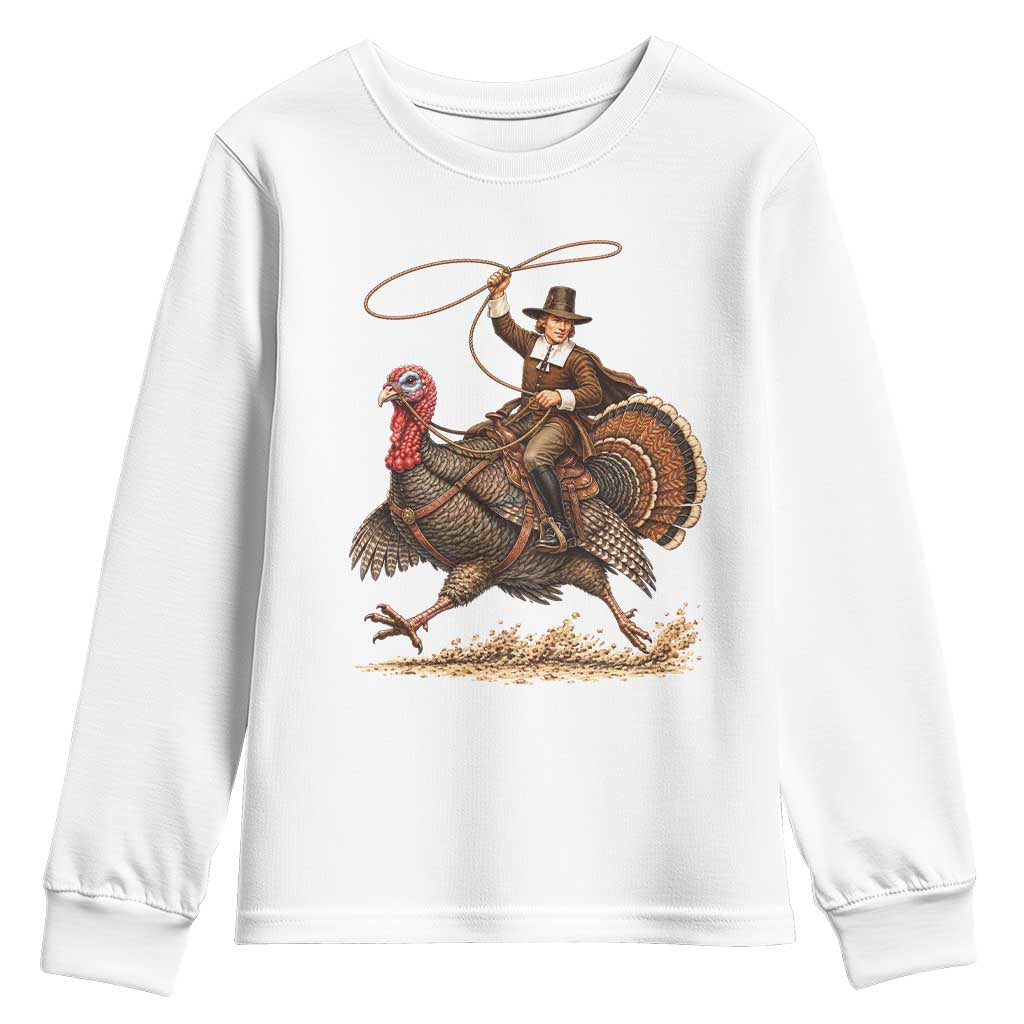 Funny Pilgrim Turkey Rider Youth Sweatshirt Thanksgiving Cowboy Rodeo Graphic