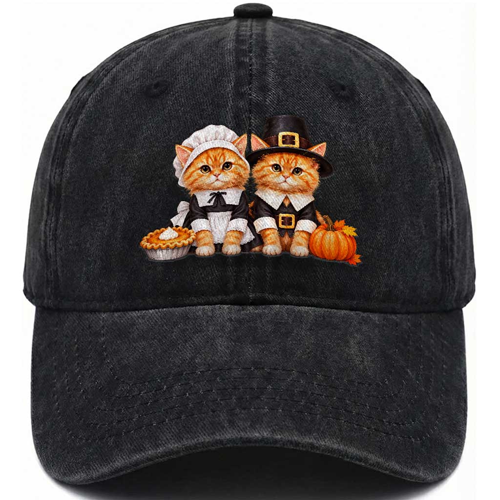 Cute Pilgrim Cats Thanksgiving Washed Cotton Baseball Cap Gift For Cat Lover